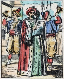 Het huwelijk van de dochter van de Sultan met de zoon van de Grootvizier wordt aangekondigd door een openbare voorlezer. Gravure van het verhaal Duizend-en-een-nacht "Aladin en de Wonderlamp". Epinal afbeelding, eind 19e eeuw. Privécollectie.