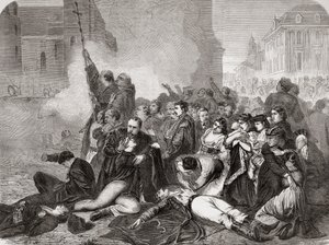 Het bloedbad van burgers op Castle Square, Warschau, op 8 april 1861 door Russische infanterie en cavalerie, uit "L