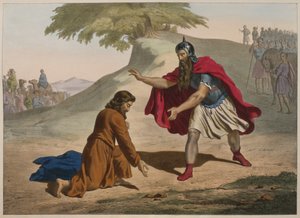 De ontmoeting van Jakob en Esau, illustratie uit een catechismus L