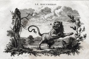 De muggen. Fabel van Aesopus. (Griekse schrijver Aesopus of Aesopus, 6e eeuw v.Chr.) Geschreven door Guillaume Montfort en gegraveerd door Beauble in 1801 door French School