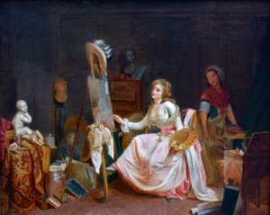 Het atelier van de schilder. Jonge vrouw schildert een schilderij door French School