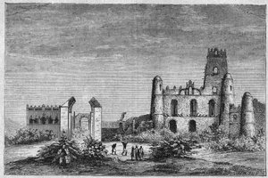 Het paleis van de Negus (Negus) of koningen van Ethiopië in Gondar. Gravure uit 1896 in 