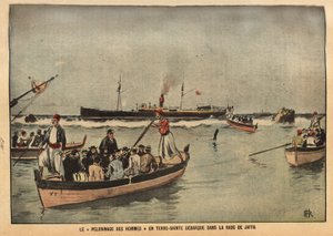 De pelgrimstocht van mannen in het Heilige Land van Jaffa (Israël). Gravure in "Le pelerin" 8/09/1901. Collectie Selva.