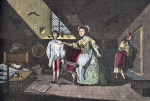 De vrome kleermaker betrapt op overspel. Gravure door Cabbage uit 1768 in Lire Et Galanterie. Wekelijkse collectie van Galante afbeeldingen onder leiding van John Grand-Carteret. 1903-1904 door French School