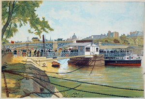 De ponton van de boten van Suresnes bij de brug van de Heiligen Peres. 19e-eeuwse gravure. Parijs, Decoratieve Kunsten