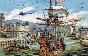 De haven van Le Havre in 1520. Chromolithografie rond 1890.