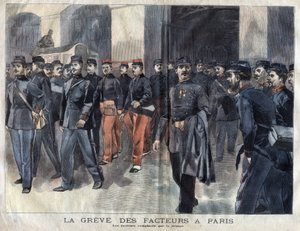 De poststaking: soldaten en gemeentewachten belast met de verdeling van brieven in Parijs. Gravure uit 1899 in 