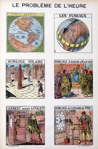 Het probleem van de tijd: Orbis Terrea, de spil, zonnewijzer, klok van Aroum Al Racshid, Gerbert uitvindt de Foliot, klok van Leonardo da Vinci - gravure, begin 20e eeuw door French School