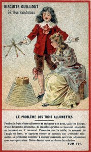 Het probleem van drie lucifers: kinderkaart die een spel in de vorm van een puzzel (raadsel) aanbiedt. Chromolithografie van de 19e eeuw.