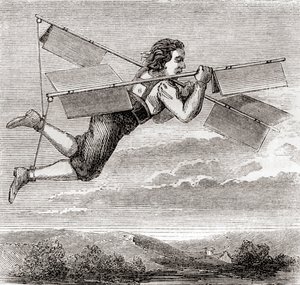 De vermeende vlucht van de Franse slotenmaker Jacob Besnier, met behulp van een zelf ontworpen vliegapparaat, in 1678, uit 