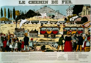 De spoorweg. Reizigers in treinwagons begroet door het publiek. Gravure. Afbeelding van Epinal door French School