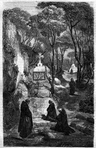 De religieuzen van Sint Benoit (Saint Benoit) in gebed. Gravure in 