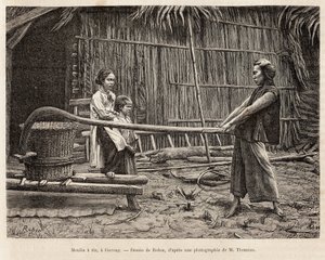 De rijstmolen, voor het huis van een boer in Gocong, gravure naar een tekening van Robin ter illustratie van de reis naar Cochinchine, door dokter Morice, in 1872, gepubliceerd in 