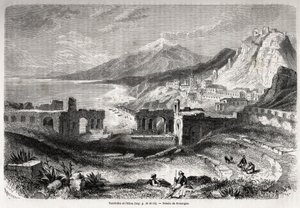 De ruïnes van het oude theater van Taormina (Tauromenium), aan de voet van de berg Taurus, met uitzicht op het moderne dorp Giardini en de Etna, tekening door Adolphe Rouargue en Emile Rouargue ter illustratie van Felix Bourquelot