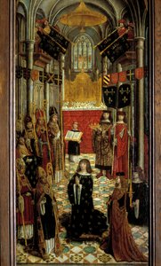 De kroning van Lodewijk XII (1462-1515) in de kathedraal van Reims op 27 mei 1498. Schilderij op hout van de Franse school van de 16e eeuw. 1501. Parijs, Nationaal Museum van de Middeleeuwen, Thermen van Cluny