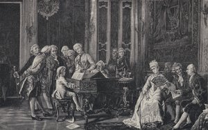 De zevenjarige Wolfgang Amadeus Mozart speelt voor koning George III in Londen, 1764 door French School
