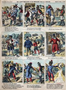 De zieke leeuw en de vos. Fabels van Jean de La Fontaine (1621-95). Epinal afbeelding eind 19e eeuw.