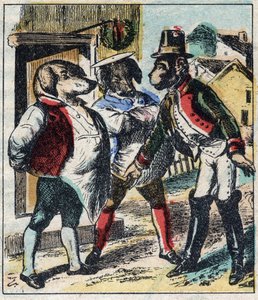 De zieke leeuw en de vos. Fabels van Jean de La Fontaine. Epinal afbeelding eind 19e eeuw.