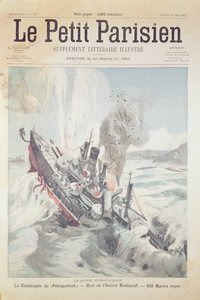 Het zinken van het Russische vlaggenschip Petropavlovsk op 13 april 1904, omslagillustratie van Le Petit Parisien, 1 mei 1904 door French School