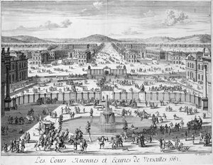 De stallen en poorten van Versailles gezien vanaf het paleis, 1683 door French School
