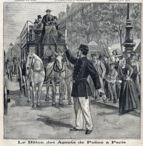 De stok van politieagenten in Parijs om het verkeer in de straten van de hoofdstad te regelen, in "Le Petit Parisien" door French School