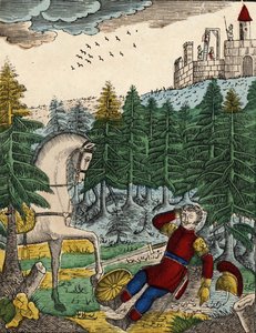 Het verhaal van de vier zonen Aymon; Bayard, die het geluid van de soldaten hoorde die Ripas bij zich had om Richard op te hangen, wekt Regnault door op zijn schild te slaan (spinal afbeelding 19e eeuw) door French School