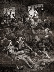 Het lijden en de dood door slechte ventilatie, van Engelse gevangenen in het Zwarte Gat van Calcutta, een kleine kerker in het oude Fort William in Calcutta, India, waar troepen van de Nawab van Bengalen, Siraj ud-Daulah, Britse krijgsgevangenen vasthielde