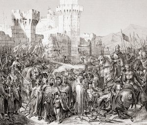 De overgave van Akko aan Filips II van Frankrijk, genaamd Filips Augustus, tijdens de Derde Kruistocht, uit L