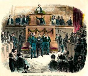 De beëdiging van Louis Napoleon III (Louis-Napoleon), die officieel werd uitgeroepen tot president van de Republiek, in de Nationale Vergadering op 20 december 1848. Hij zweert 