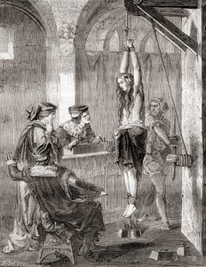 De marteling van een vrouw beschuldigd van hekserij in de middeleeuwen, uit Les Merveilles de la Science, gepubliceerd ca.1870 (litho) door French School