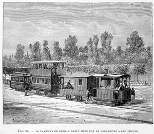 De tram van Rueil naar Marly, geleid door de warmwaterlocomotief - in 