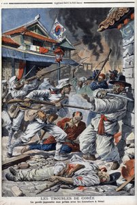 De onrust in Korea, de Japanse wacht worstelt met de oproerkraaiers in Seoul, ontevreden over de abdicatie van Yi-Yeung (
