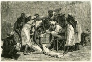 Het bezoek van de koninginnen, de zestien vrouwen van koning Sepopo, in de hut van Dr. Holub. Gravure door D. Maillard, ter illustratie van het verhaal 