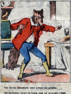 De wolf en de ooievaar. Fabels van Jean de La Fontaine (1621-95). Epinal imaging eind 19e eeuw. door French School