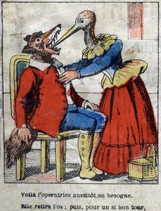 De wolf en de ooievaar. Fabels van Jean de La Fontaine. Epinal afbeelding eind 19e eeuw door French School