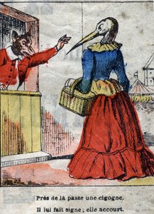 De wolf en de ooievaar. Fabels van Jean de La Fontaine. Epinal afbeelding eind 19e eeuw.