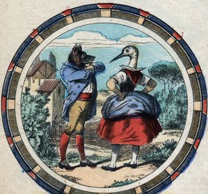 De wolf en de ooievaar. Fabels van Jean de La Fontaine. Epinal afbeelding eind 19e eeuw. door French School