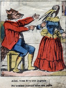 De wolf en de ooievaar. Fabels van Jean de La Fontaine (1621-95). Epinal afbeelding eind 19e eeuw. door French School