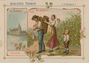 Het werk van het volk illustratie op een koekjeslabel door French School