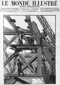 De werken aan de Eiffeltoren voor de wereldtentoonstelling van 1889, de arbeiders zijn vijftig meter boven de grond. In 