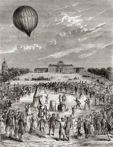 De eerste waterstofballon ter wereld, gelanceerd boven de Champs de Mars, Parijs, Frankrijk in 1783, uit Les Merveilles de la Science, gepubliceerd ca. 1870 door French School