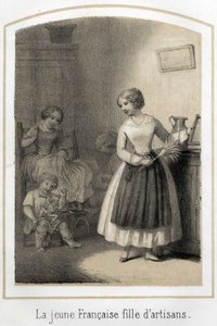 De jonge Franse vrouw van bescheiden sociale afkomst werkt als dienstmeid in een rijke familie. Ze kijkt met afgunst naar de drukke kinderen bij hun spelletjes. Anonieme gravure uit de 19e eeuw.