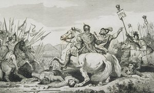 Theodorik wordt gedood in de strijd tegen Attila, nabij Chalons, uit 