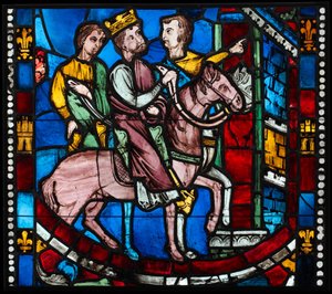 Theodosius arriveert in Efeze, uit een scène uit de legende van de Zeven Slapers van Efeze, c. 1200-1210 (potmetaalglas, glazuurverf) door French School