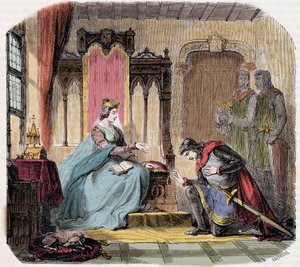 Thibault IV van Champagne (1201-1253) (ook bekend als Thibault I van Navarra), kwam aan de voeten van koningin Blanche van Castilië om haar te waarschuwen voor het gevaar dat ze zou lopen - in 