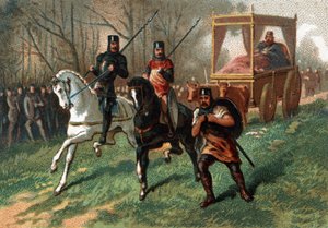 Thierry I (? - 533), koning van Austrasië op een kar getrokken door ossen. Chromolithografie uit het einde van de 19e eeuw. door French School
