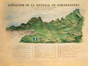 Derde Carlistenoorlog (1872-1876): beschrijving van de Slag bij Somorrostro in Baskenland op 25/03/1874 (gravure)