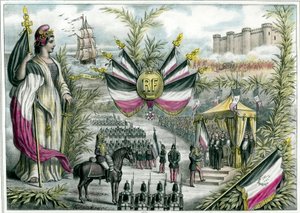 Derde Republiek: de triomferende republiek zit de Grand National Fete van 14/07/1880 voor op Place de la Bastille. 14 juli wordt een nationale feestdag van Frankrijk en de driekleurige vlag wordt aangenomen. Gravure rond 1880 Privécollectie