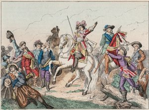 Dertigjarige Oorlog (1618-1648): Prins Lodewijk II van Bourbon Condé, bekend als de Grote Condé (1621-1686), Hertog van Enghien, begroet het lijk van de Graaf van Fontaine bij de Slag bij Rocroi tegen de Spanjaarden, 19 mei