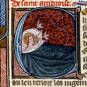Drie bijen komen uit de mond van Sint Ambrosius (Sint Ambrosius). Miniatuur in 